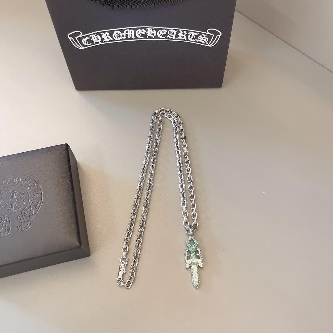 Chrome Hearts Silver Chain with Green Sword Pendant